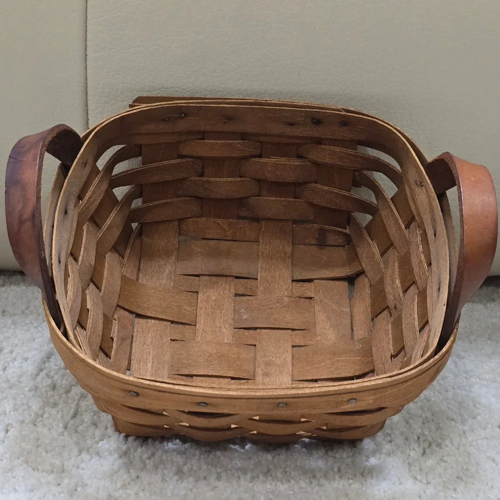 Vintage Woven Wood Basket with Leather Handles Rustic Farmhouse Decor Square